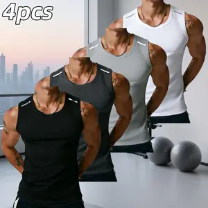 Set of 4 men’s breathable athletic tank tops with reflective stripe patterns — regular sleeveless tops suitable for the gym, running, outdoor activities, and casual summer wear; comfortable T-shirts, sporty style, training tanks, energetic menswear.,summe