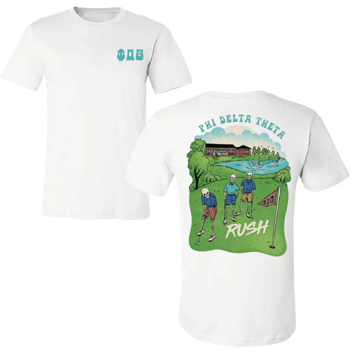 🏌️ ‍ ♂️ ⛳ Phi Delta Theta Rush Golf T-Shirt, Skeleton Golfer Back Graphic Tee, Fraternity Recruitment Shirt with Funny Vintage Cartoon Style,  College Golf Apparel for Men, Greek Life Gift Idea