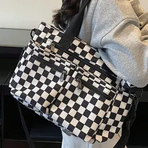 Checkerboard Pattern Corduroy Material Women's Fashion Tote Bag, Large Capacity Multi-Pocket Shoulder Crossbody Bag With Detachable Adjustable Shoulder Strap, Everyday Underarm Bag Suitable for Casual, Shopping, Travel, Work, School, Party, Gift