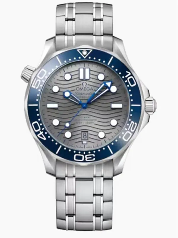 Omega Seamaster 300 Series, 42mm stainless steel case and bracelet, gray wavy dial, blue ceramic bezel