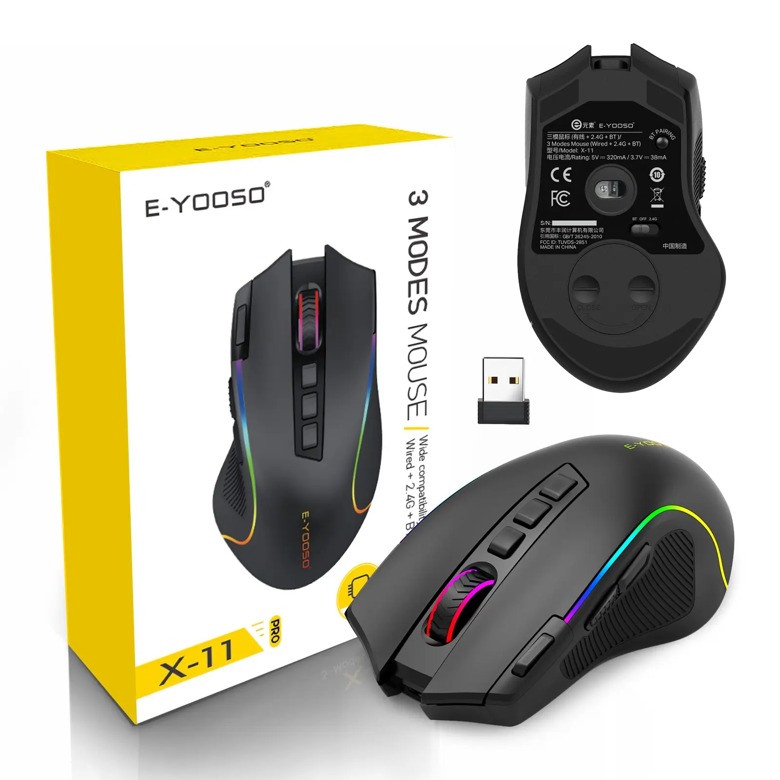 E-YOOSO X11 Tri-Mode Gaming Mouse - Wired, Bluetooth, 2.4G Wireless, 8000 Max DPI PAW3104 Sensor, 1000mAh Battery, 7 Programmable Buttons, Auto Sleep, Ergonomic Grip for PC Mac Gaming Office