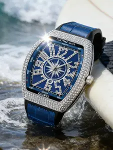Men's Quartz Watch Barrel Shaped Dial Rhinestone Embellished Strap Vintage Large Waterproof Analog Wristwatch, Blue Alloy Case, Buckle Closure, Punk Style Watch, Casual Watch