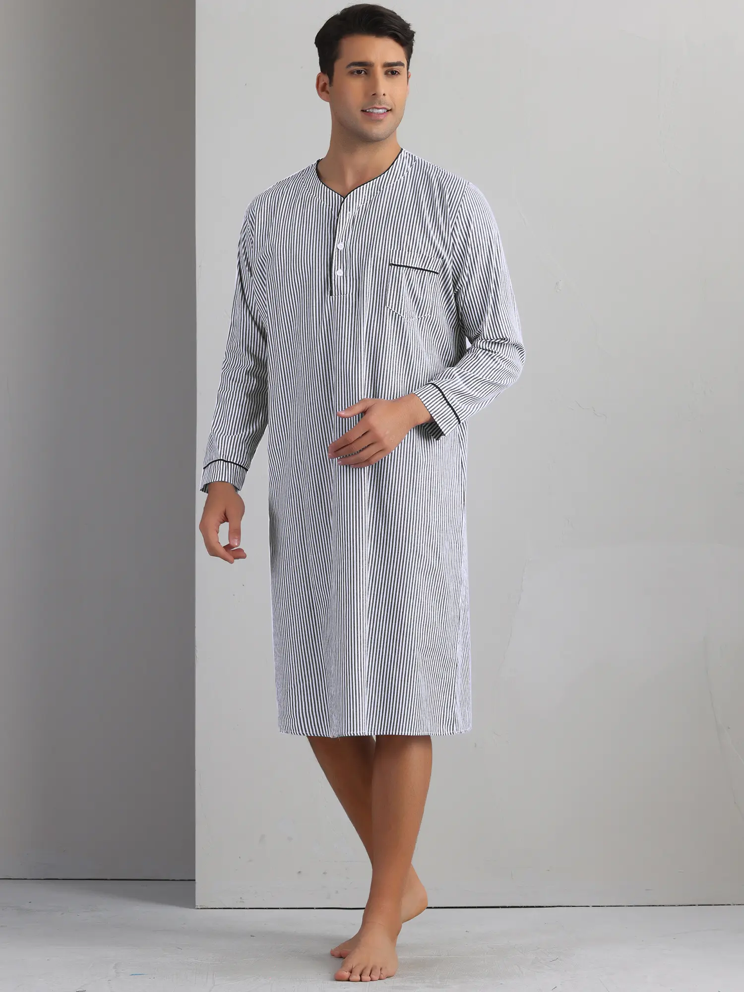 INSPIRE CHIC Striped Nightshirts for Men's V-Neck Button Down Nightgown Long Sleeve Stripe Sleep Shirts