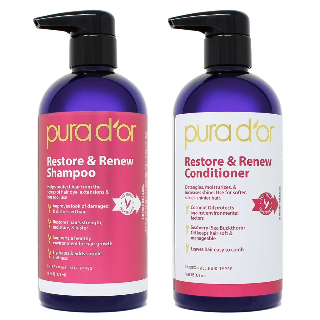 PURA D'OR Restore & Renew Shampoo and Conditioner Setx2 16oz – Repairing Hair Care for Dry Damaged & Color Treated Hair, Hydrating Anti Frizz Shampoo with Aloe Vera, Sea Buckthorn & Cacay Oil, Softer Stronger Healthier Hair