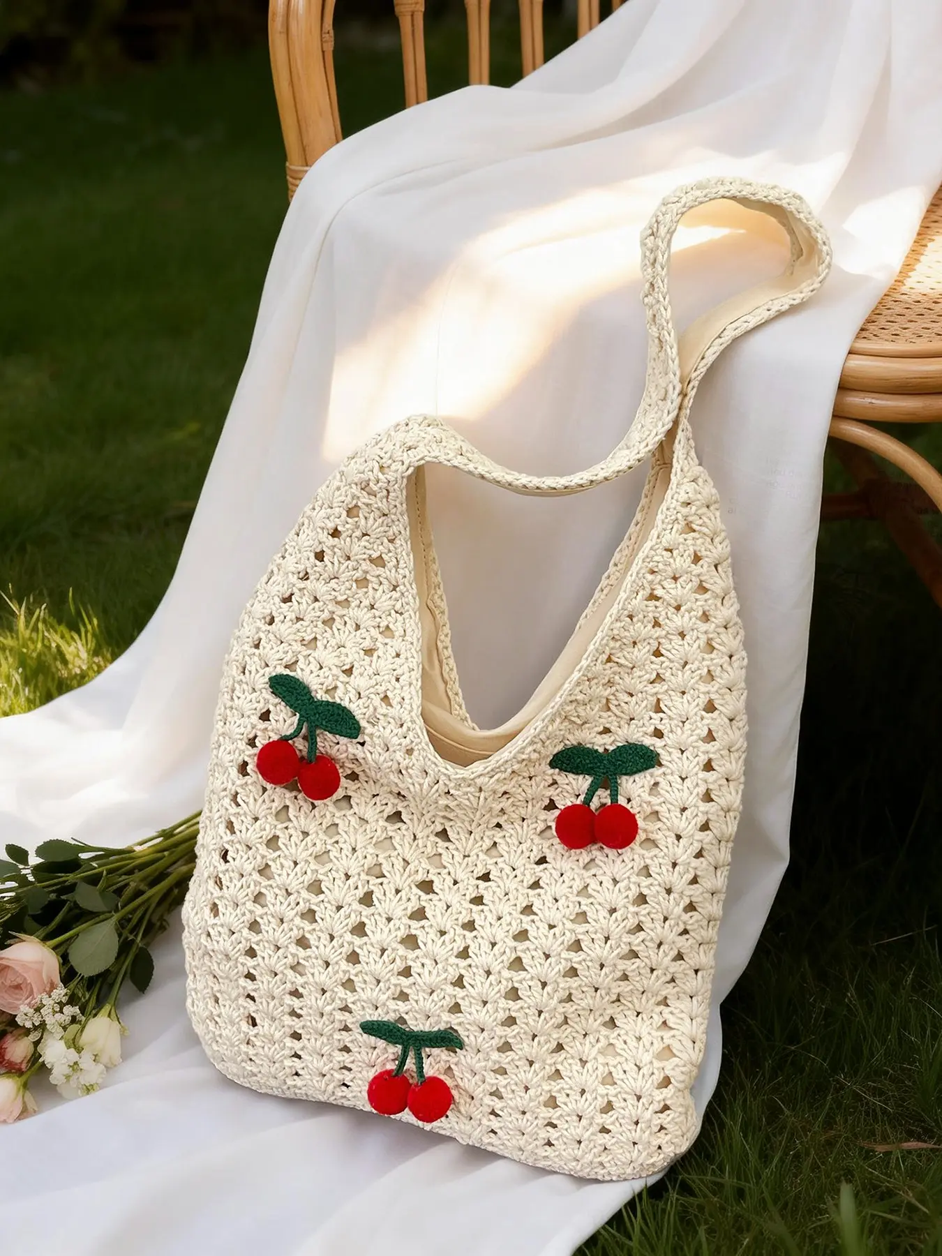 Fresh and artistic style, Summer Tote Bag, minimalist and atmospheric hollow tote bag, versatile large capacity crochet shoulder bag, with plush cherry design, suitable for commuting, shopping, and gatherings, Storage Tote Bag
