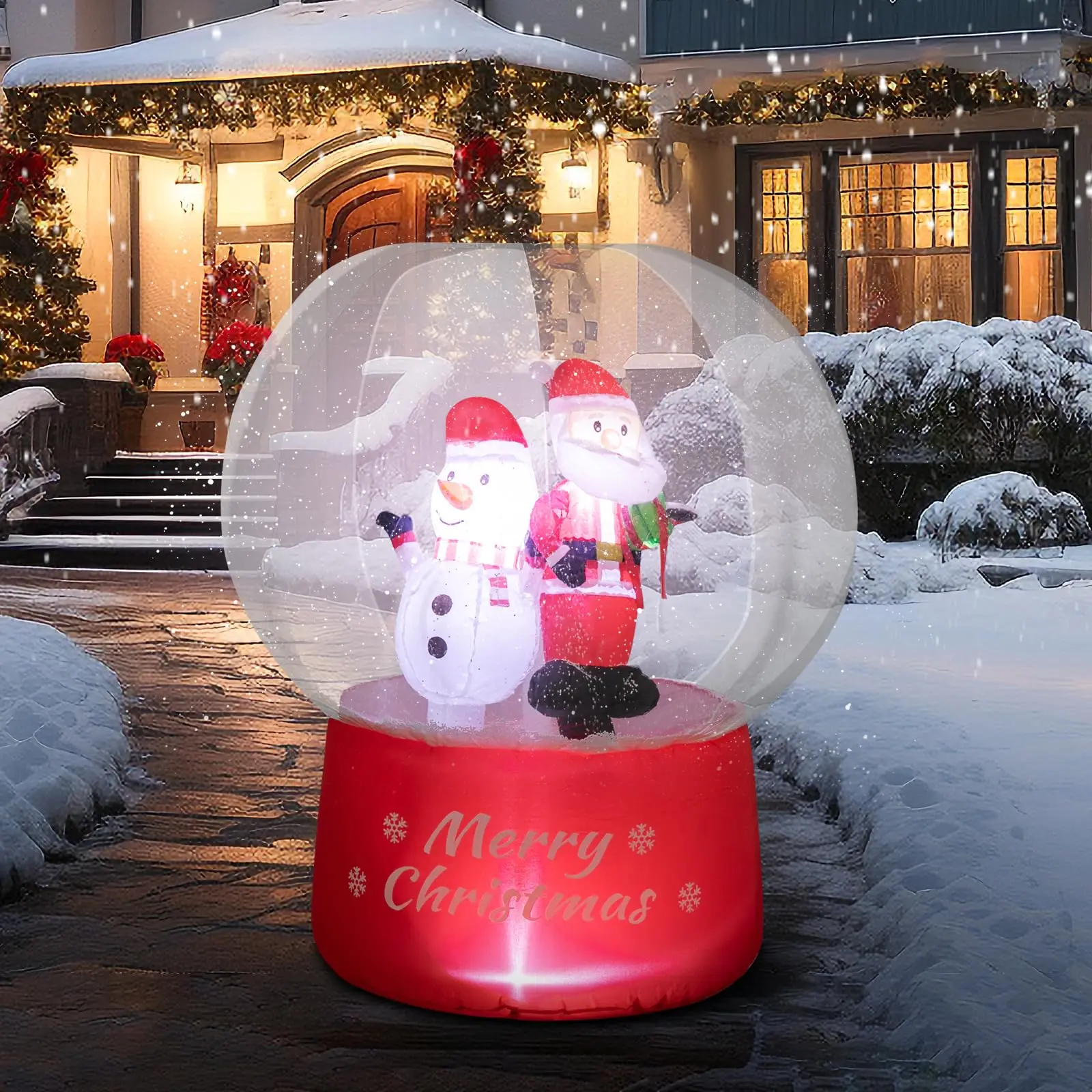 4 FT PVC Christmas Inflatable Snow Globe Decoration - Bright LED Lights, Power Adaptor, Santa & Snowman Gift-Giving Design, Weather-Resistant, Ropes Included, Contemporary Outdoor Lawn & Garden Decor for Children and Adults