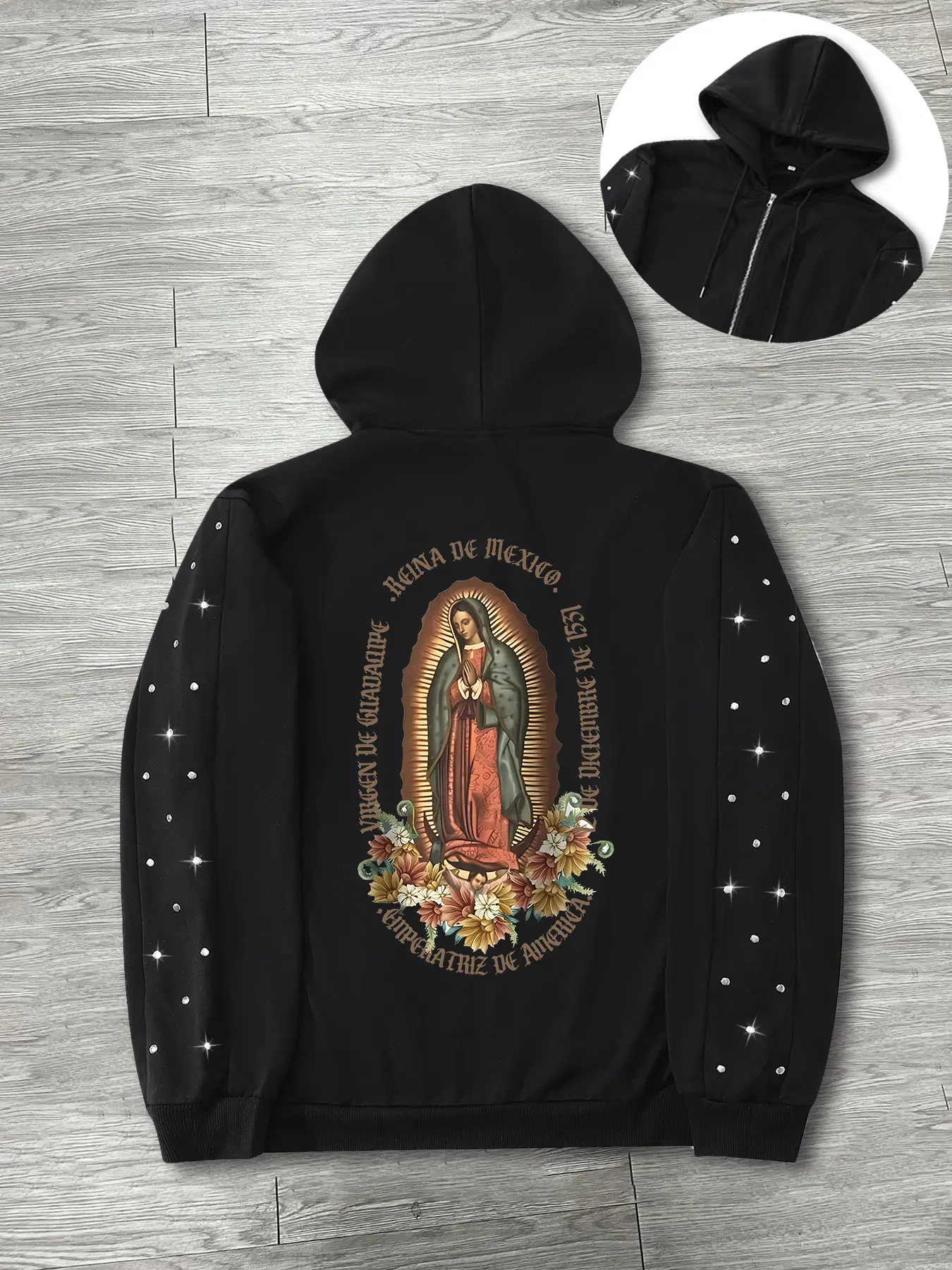 Unisex Spring Fall Winter Hooded Zipper Graphic Sweatshirt, Virgin Mary Print & Studs, Loose Fit, Casual Streetwear, Perfect for Parties