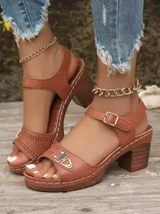 Women's Fashion Solid Color High Heel Sandals, Comfortable Buckle Support, Breathable Outdoor Flip Flops, Soft Sole, Casual Daily Wear
