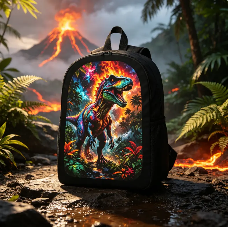Jungle Volcano T-Rex Kids' Backpack – Tropical Rainforest Dinosaur-Themed School Bag; Large-Capacity, Lightweight Travel Backpack; Back-to-School Essential – An Ideal Gift for Elementary School Boys and Girls
