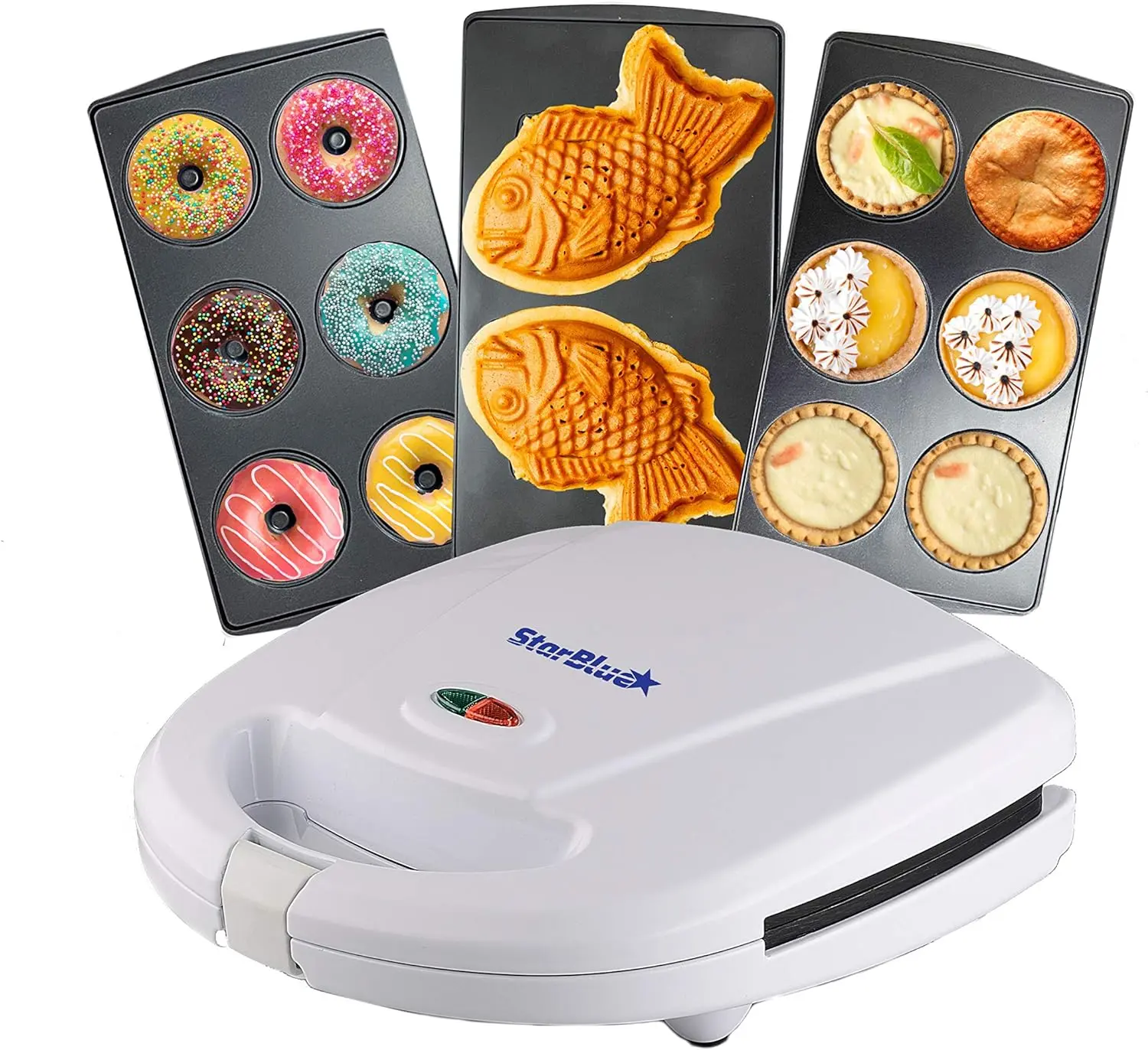 Mini-Donuts Maker, Mini-Pie and Quiche Maker, Taiyaki Maker – NEW 3 in 1 Three Slices Detachable Dessert Maker by StarBlue – White AC 110-120V 50/60Hz 700-800W