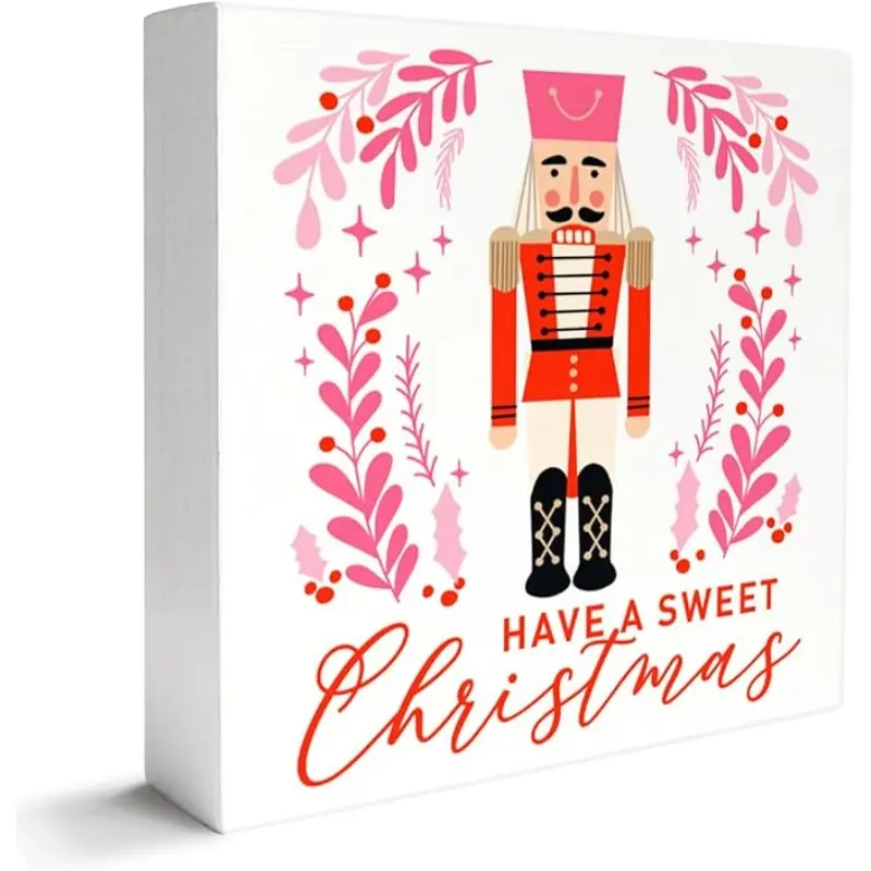 Christmas Halloween Decoration Gifts，Merry Christmas Wooden Decor Sign, Nutcracker Coquette Pink Winter Xmas Christmas Decoration for Home Office Xmas Holiday Home Decor Winter Holiday Gifts for Women Men 5x5inch