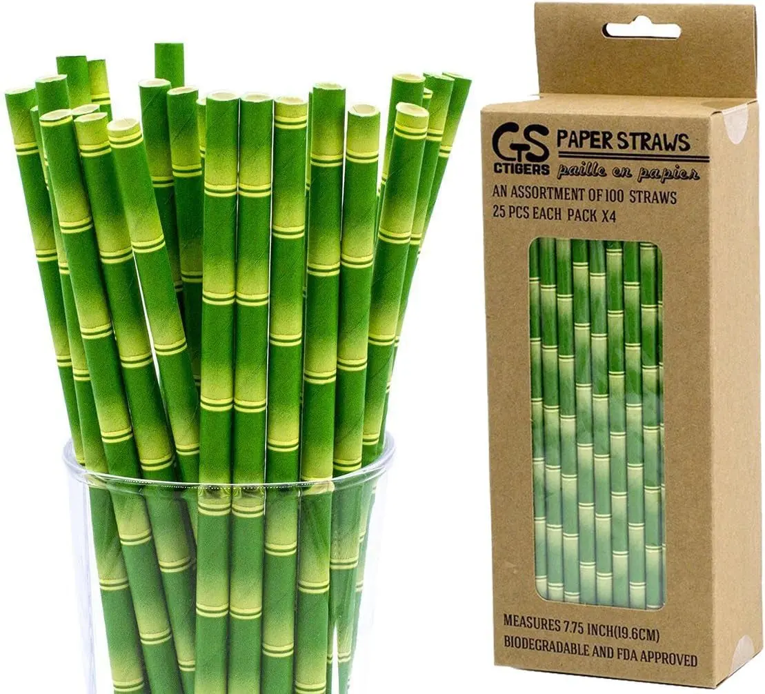 Bamboo Print Biodegradable Drinking Paper Straws for Party Box of 100