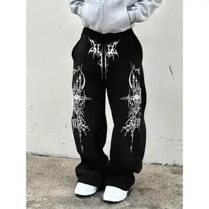 Black drawstring sweatpants with a white Gothic print—casual and fashionable, an ideal choice for streetwear and avant-garde styling.