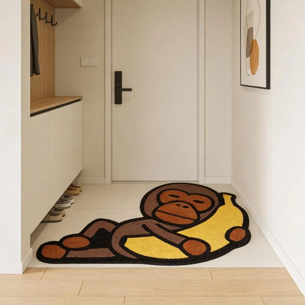 VIKAMA Cartoon Banana Monkey Shaped Plush Home Mat, Bedroom Bedside Mat, Foyer Japanese Style Home Mat