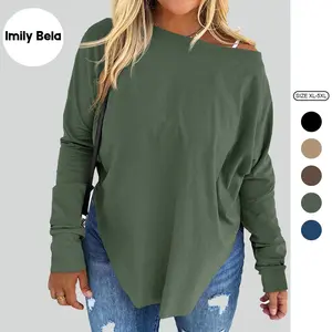 Imily Bela【XL-5XL】 Women's Plus Size Tops Off Shoulder Long Sleeve Loose T Shirts Casual Curved Hem Tunics Tee Shirt