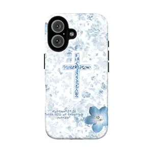 Blue Floral Cross Phone Case – Christian Bible Verse Matthew 19:26 Phone Cover for iPhone 17 16 15 14 13 12 11 Pro Max X XR XS & SS Galaxy S25 S24 S23 S22 S21 | With God All Things Are Possible | Faith Scripture, Gift for Her Women Girls