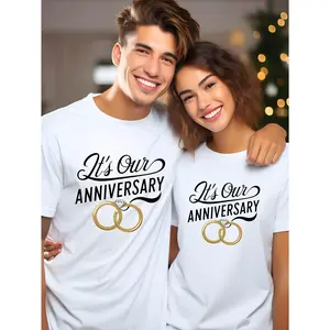 Couple 100%25 Cotton Crew Neck Print T-Shirt, This is Our Anniversary Celebration Wedding Couple Couple Pattern, Suitable for All Seasons, Machine Washable, Suitable for Couples, Dating, Home, Daily, Casual, Anniversary, Gifts, Regular Fit