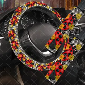 3Pcs/Set Ladybug & Sunflower Car Interior Set, Plaid Cartoon Style, Includes Steering Wheel Cover, Car Seat Belt Cover, No Inner Ring, Vehicle Interior Upgrade, Durable Material, Multi-Part Set, For Women, Car Enthusiasts, Gift For Drivers.11.27QWA-23@24