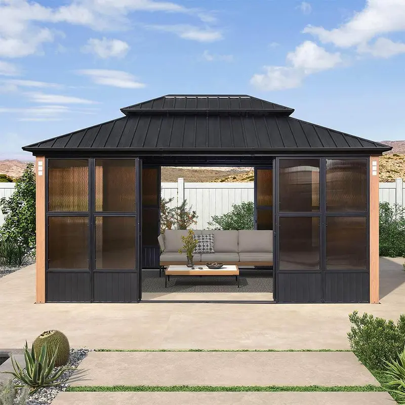 PURPLE LEAF 12' x 16' Hardtop Gazebo For Patio | Screen House Wood Grain Aluminum Solarium Canopy