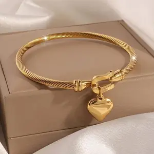 Gold Tone Stainless Steel Heart Pendant Bracelet for Men and Women