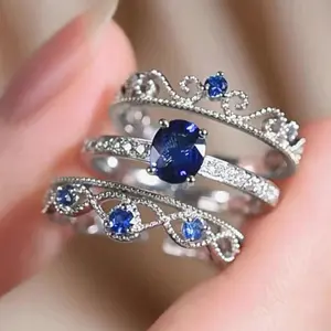 3Pcs Fashion Blue Cubic Zirconia Ring Set for Women, Wedding Engagement Anniversary Party Jewelry