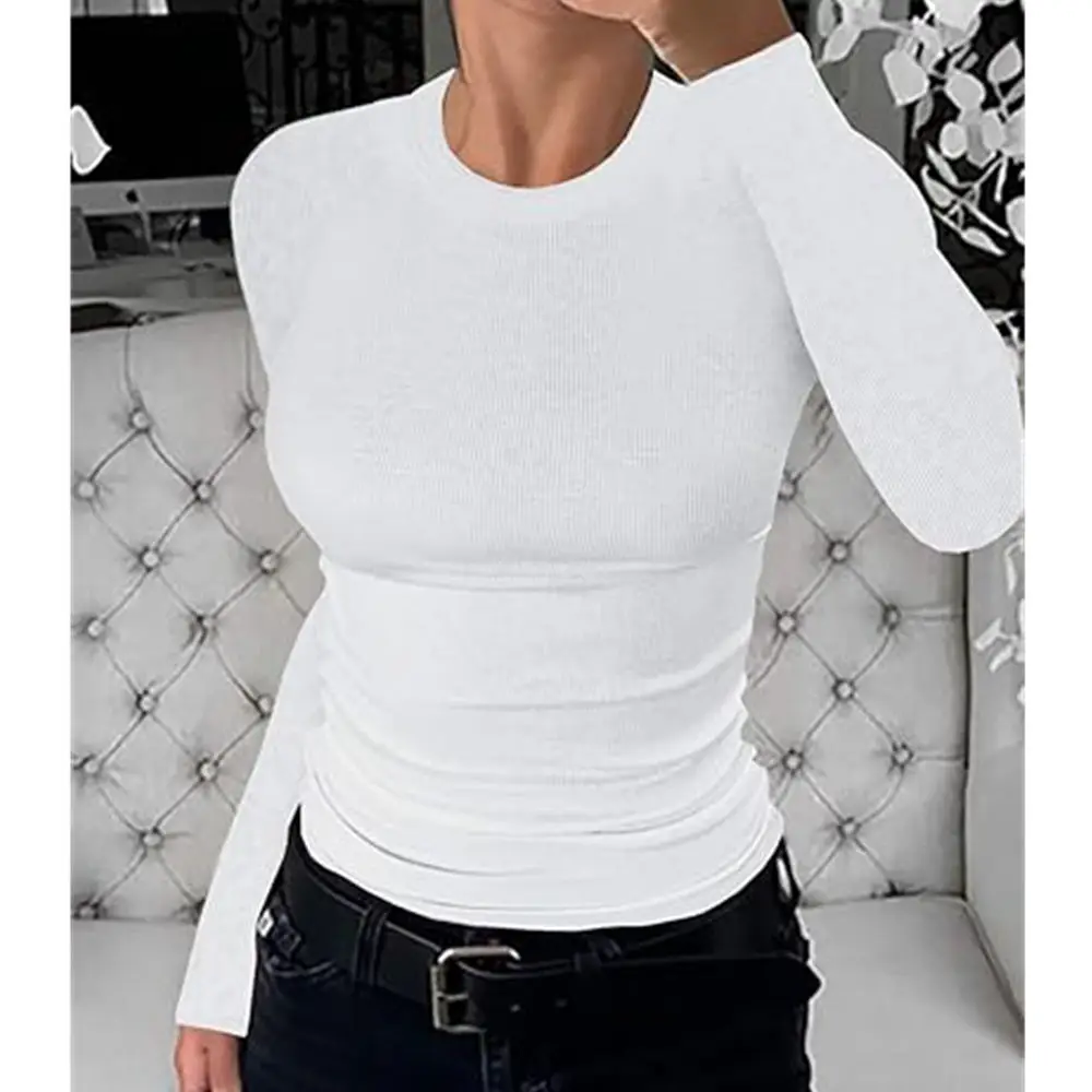 Womens Ribbed Short/Long Sleeve Crewneck Shirts Fitted Sweaters Slim Fit Basic Casual Tops