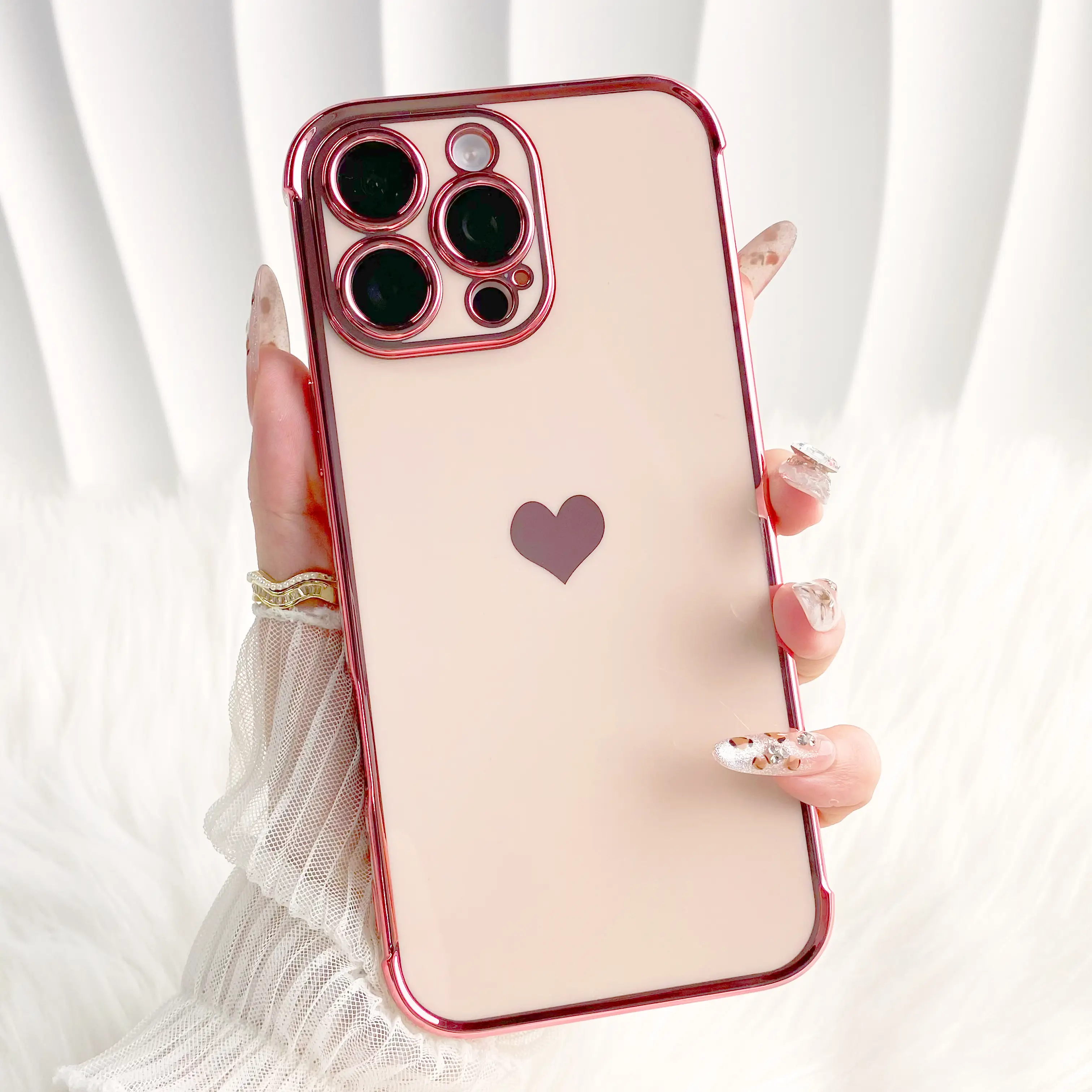 Luxury Gold Plating Cute Love Heart Case,Camera Protection,Dust-Proof Net,with Side Heart Pattern For iPhone 17 Pro Max Case 11 12 13 14 15 16