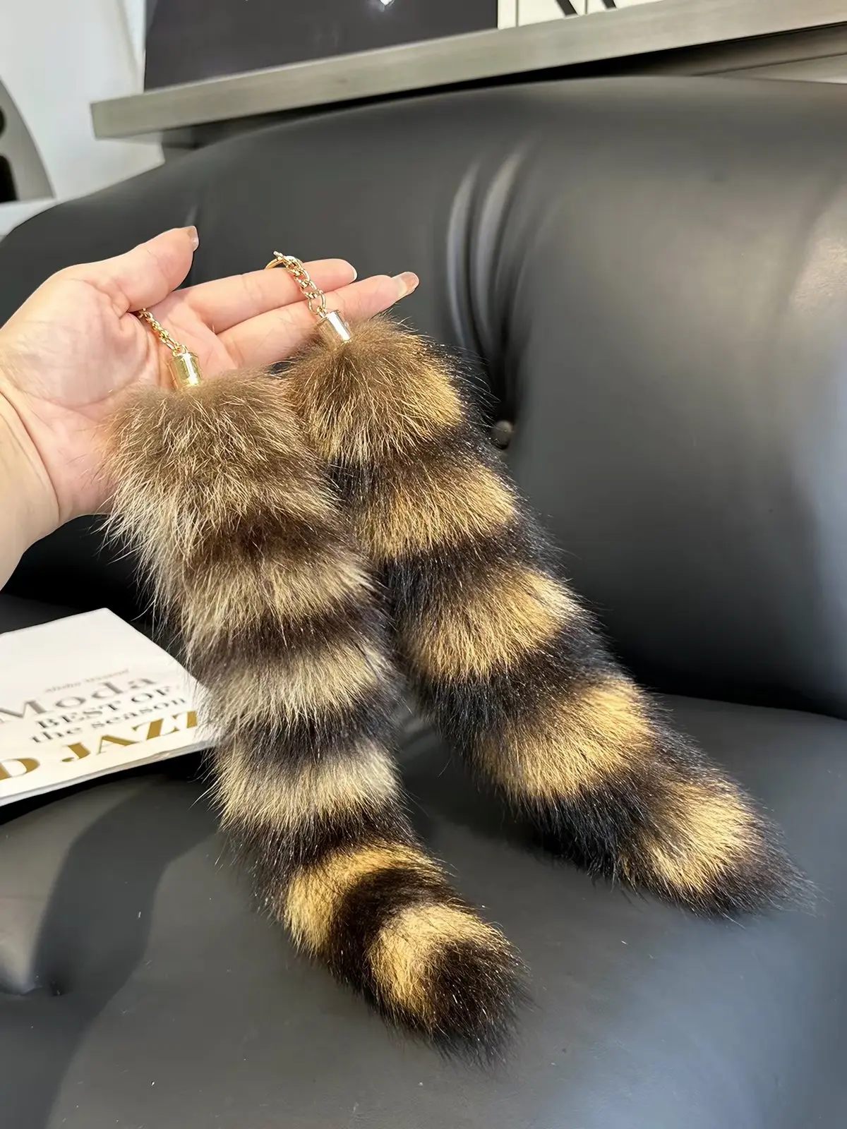 Faux Fur Long Striped Tail Keychain - Fluffy Bag Charm with Gold Clasp, Vintage Luggage & Bag Accessory for Handbags, Backpacks