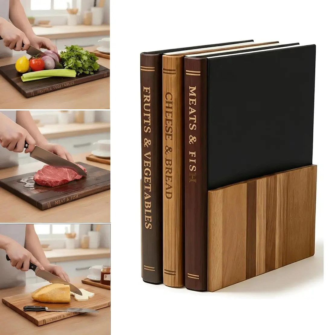 Premium Acacia Wood Cutting Board Set, Wooden Cutting Boards, Cutting Boards For Kitchen, 4-Piece Book-Shaped Chopping Boards, Color-Coded Tabs, Elegant Kitchen Gift Decor