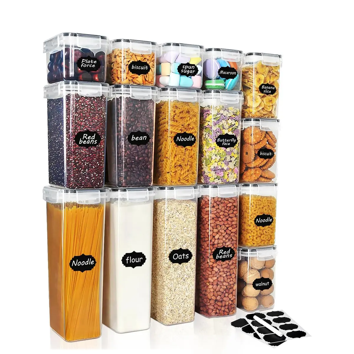 24-Piece Sealed Food Storage Containers with Lids | BPA-Free Plastic Jars for Grains, Dry Goods, Flour & Sugar | Ideal for Kitchen & Pantry Storage | Includes 24 Labels (Black)