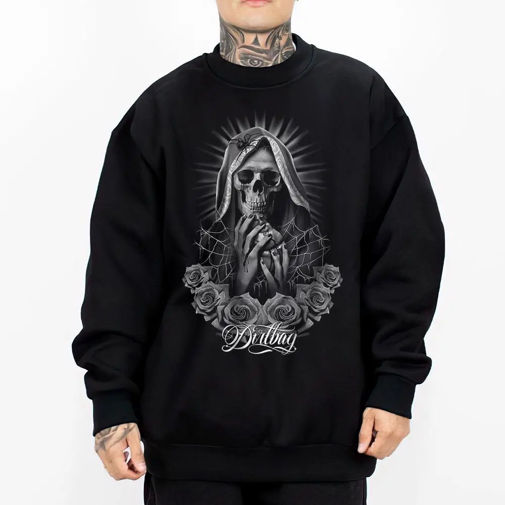 Gothic Skull Graphic Crewneck, Chicano Clothing Lowrider Chicana Art Gangster Cholo Outfit Cotton Fabric Menswear Casual Streetwear Hoodie Unisex Loose Fit