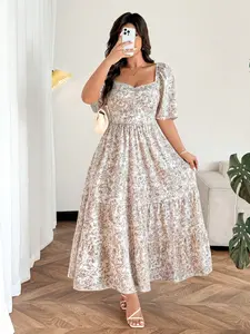 Elegant Floral Print Square Neck Short Sleeve A-Line Long Dress for Women, Summer Fashion Plus Size Clothing, Stylish and Precise Design