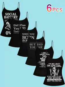 6 Piece Set Sarcastic Gothic Tank Tops, Sleeveless Spaghetti Strap Skeleton Print Dark Fun Casual Vacation Home Wear, Anti-Social Slogan Clothing Womenswear