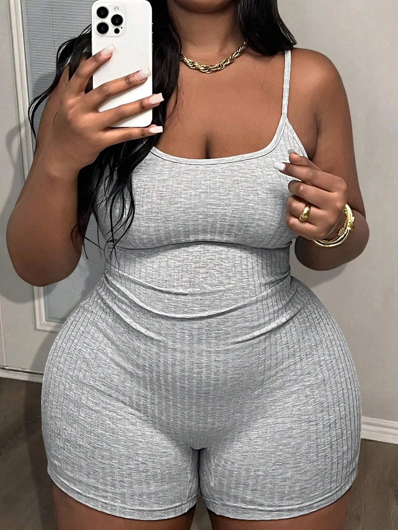 LALUZ Plus Size Women's Slim Fit Plain Grey Cami Jumpsuit Texture Fabric Low-Cut Neckline Sleeveless Summer Casual Curve Loungewear