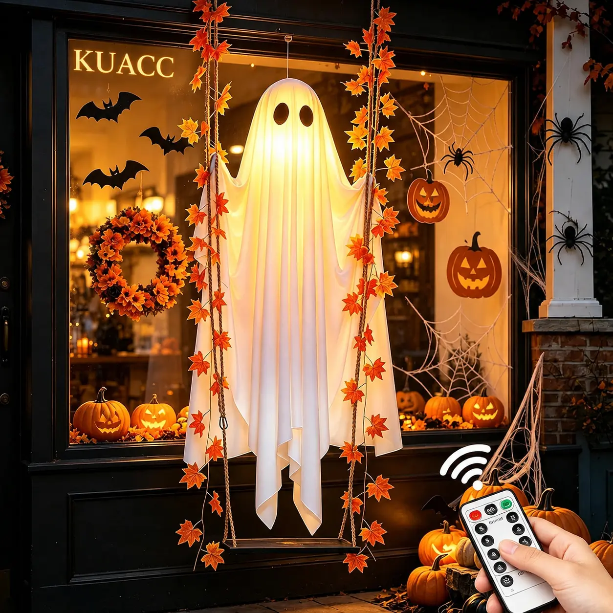 LED Light-Up Swinging Ghost Halloween Decoration with Maple Leaf Garland & Remote Control, Hanging Outdoor Decor for Yd, Porch & Party, Halloween Decorations Outdoor, Party Lighting Decoration