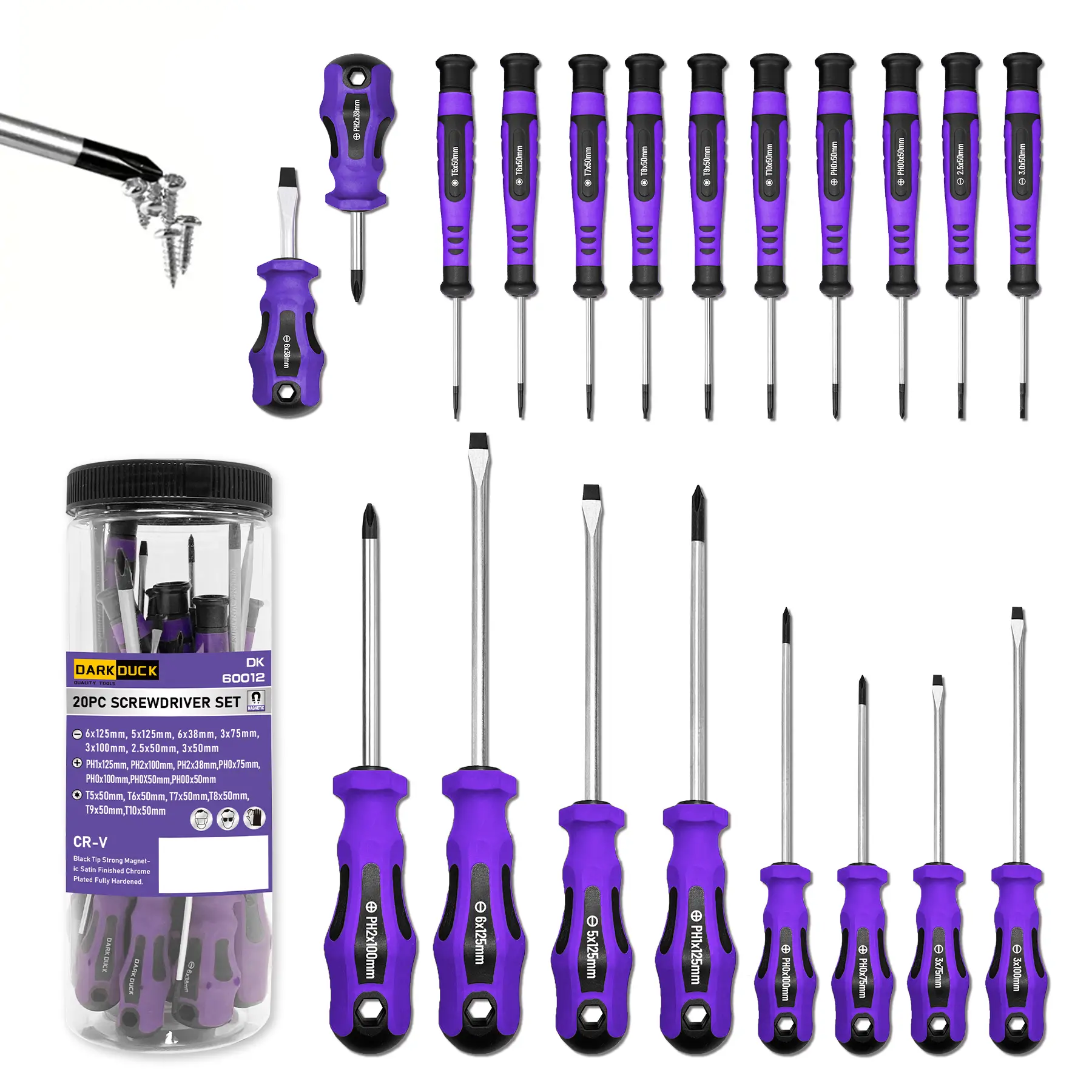 DARK DUCK 20pcs Magnetic Screwdriver Set - Chrome Vanadium Steel Polished Hand Tools, Flat/Cross/Star Heads, Heavy Duty Industrial Hardware for DIY, Machinery, Construction