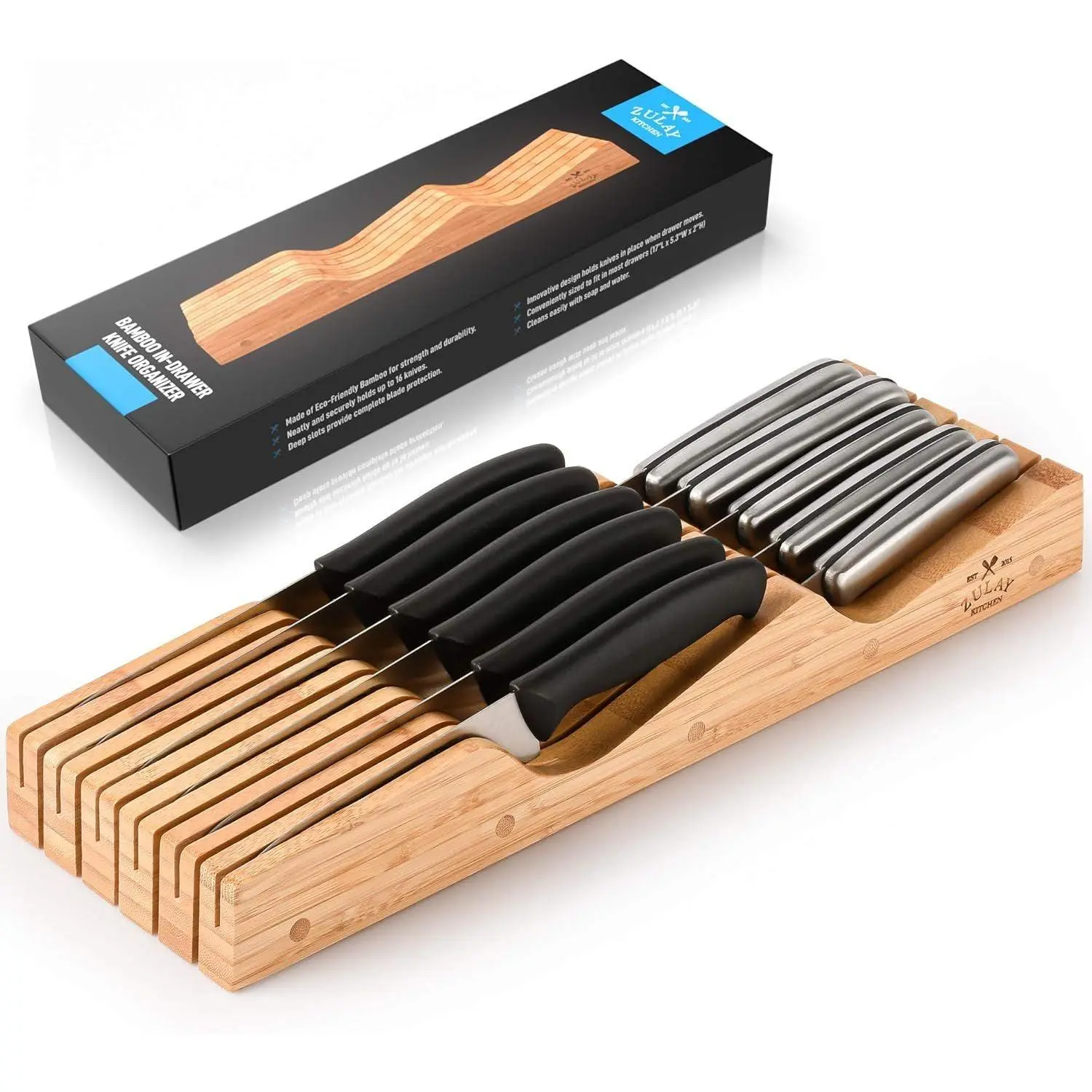 Zulay Kitchen Bamboo Knife Drawer Organizer for Kitchen Knives - Easy Knife Organizer, Stylish Knife Storage Holder Zulay Kitchen Bamboo Knife Drawer Organizer for Kitchen Knives - Easy Knife Organizer, Stylish Knife Storage Holder