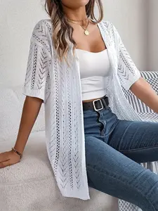 [Plus Size] Solid Color Hollow Out Open Front Drop Shoulder Cardigan, Casual Short Sleeve Knitwear, Casual Fashion Knitwear for Daily Wear, Women's Plus Clothing for All Seasons, Tops, Knit Cardigans