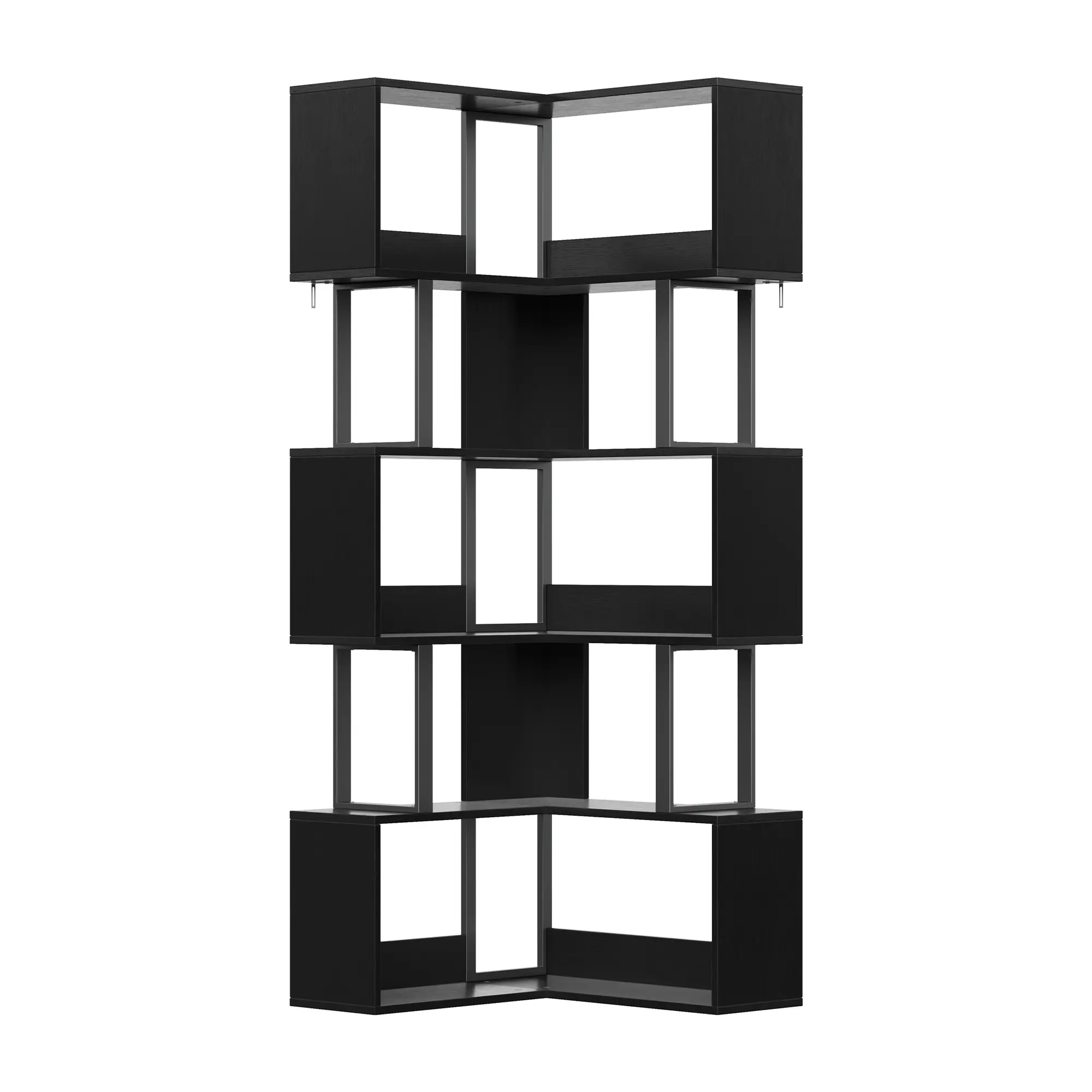 Space-Saving Tall L-Shaped Corner Bookshelf - 6-Tier Freestanding Metal & Wood Bookcase with Baffle - Modern Storage Rack for Living Room or Home Office - Rustic Brown, Huoshaoyun Color