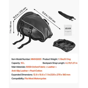 VEVOR Motorcycle Tail Bag, 10 L Motorcycle Rear Seat Bag with Waterproof Rain Cover, Outdoor Sports Motorbike Luggage Storage Trunk Rack Backpack Handbag with Shoulder Strap and Inner Pocket, Black