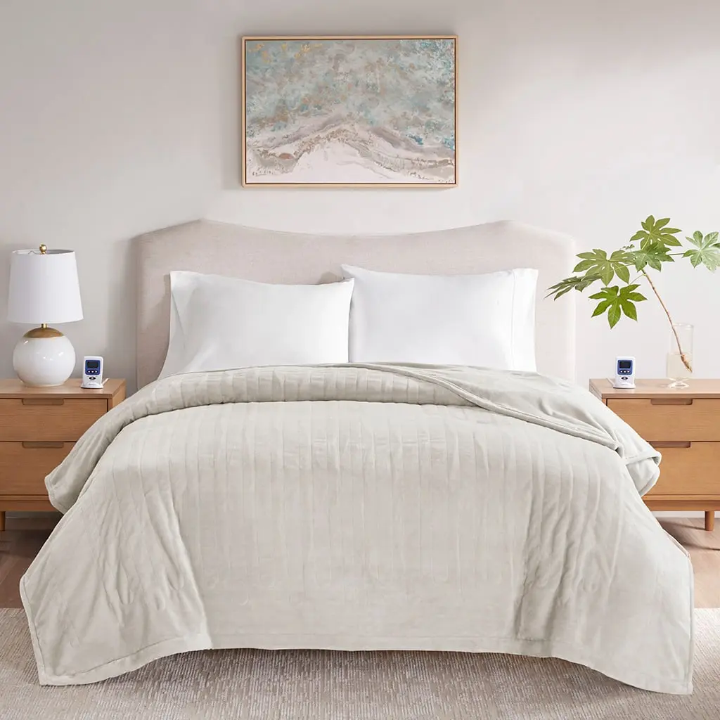 Ivory Beautyrest Queen Size 100% Polyester Solid Microplush Heated Blanket - Wi-Fi Ready, Network-Ready, Voice Control, 20 Heat Settings, Heating Zone Tech, 10-Hour Auto Shutoff, Machine Washable, Model BR54-4126, 84x90x0.25in, for Casual Home Use