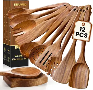 Wooden Spoons for Cooking, 12 Pcs Teak Wood Kitchen Utensils Set with Spoon Rest - Nonstick Heat Resistant Wooden Cooking Utensils, Natural Healthy Spatula Set for Pots and Pans supplies