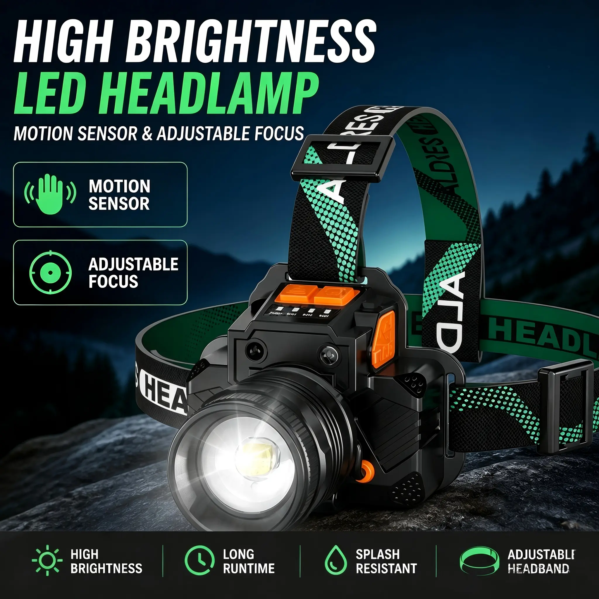 Rechargeable LED Motion Sensor Headlamp, Adjustable Focus, Splash-Resistant for Camping, Hiking