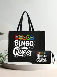 Women's Bingo Themed Linen Tote Bag With Wallet, Comes With Detachable Strap, Commuter Handbag, Printed With Bingo Queen Pattern, Suitable For Travel And Beach, Multifunctional Portable Tote Bag, Great For Teachers