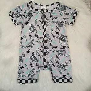 SR0563-Summer MaMa's Boy Lightning Black and White Check Grey Short Sleeve zip-up Onesie