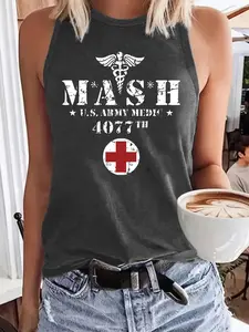 Women's Vintage MASH 4077 Army Print Fitted Tank Top, Round Neck Casual Sleeveless Top for Summer, Ladies Clothes for Daily Wear, Womenswear, Socks