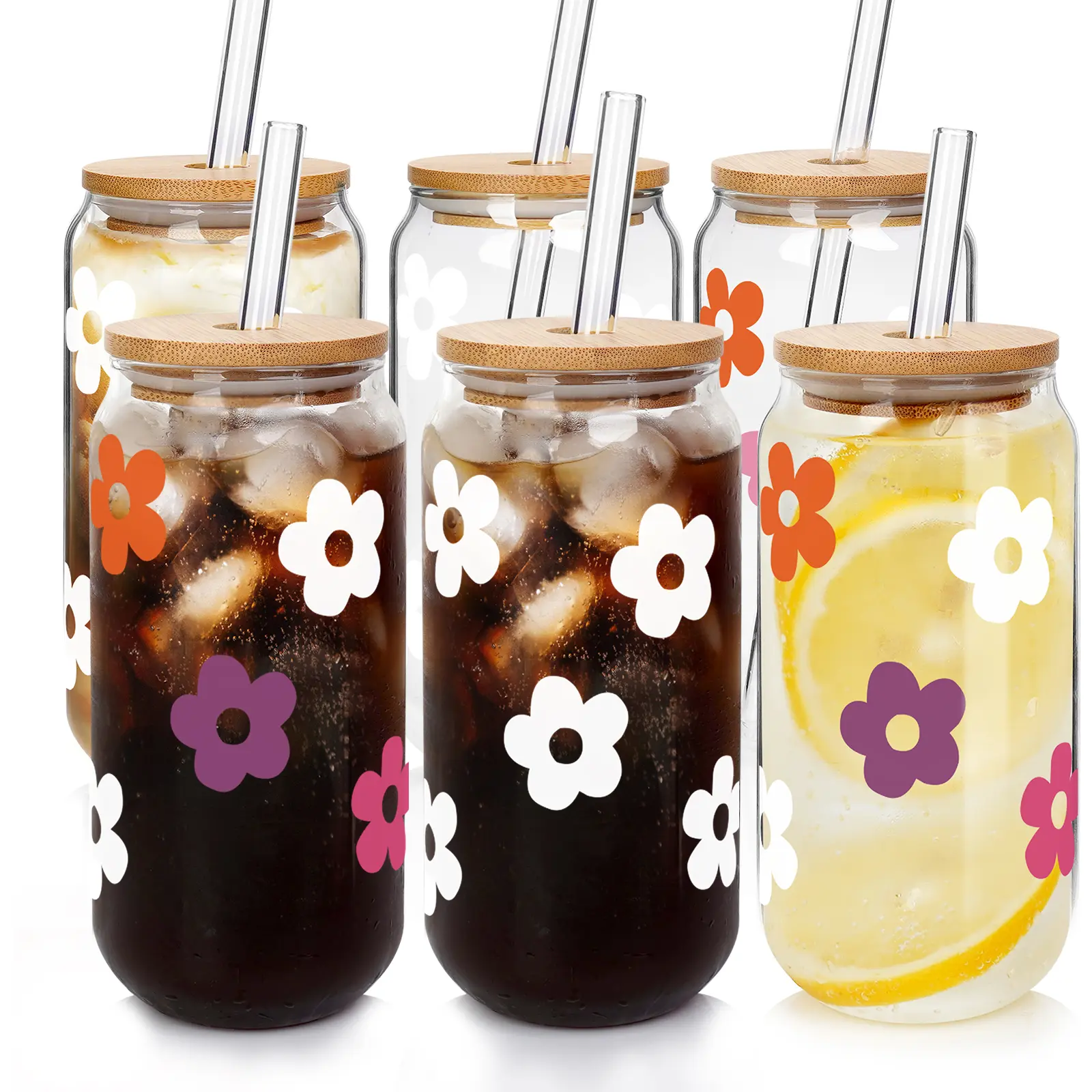 Summervibes 20OZ Glass Cups  with Lids and Straws,  Iced Coffee Glasses Cup, Smoothie Cups, Tumbler Glass, Reusable  Cup Drinking Glasses