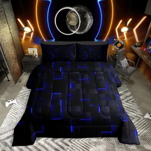 Royal Blue Black Bedding Set,3D Geometric Checkered Comforter Set,Neon Gaming Gamer Comforter,Abstract Cube Bedroom Room Decor for Kids Boys Girls