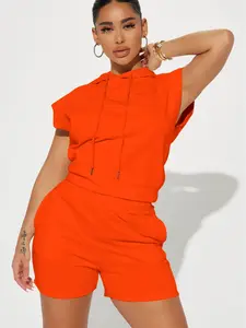 Women’s 2-Piece Athleisure Set – Sleeveless Hoodie Top & Elastic Waist Shorts – Casual Summer Sports Outfit