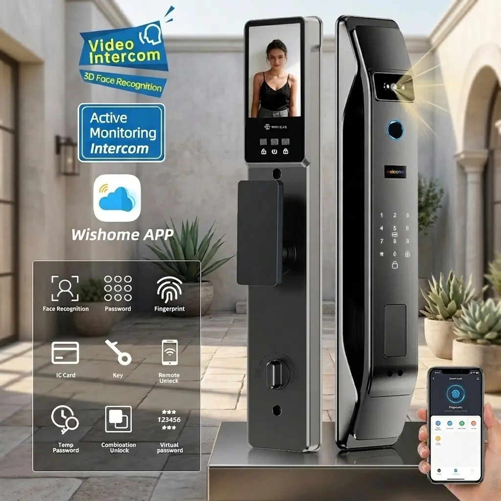 Smart Face Recognition Lock with 4.5 Inch Screen, Video Intercom and Fingerprint Deadbolt, Works with Wishome, 6068 Lock, Biometric Door Lock, Electronic Door Lock, Keyless Entry Lock